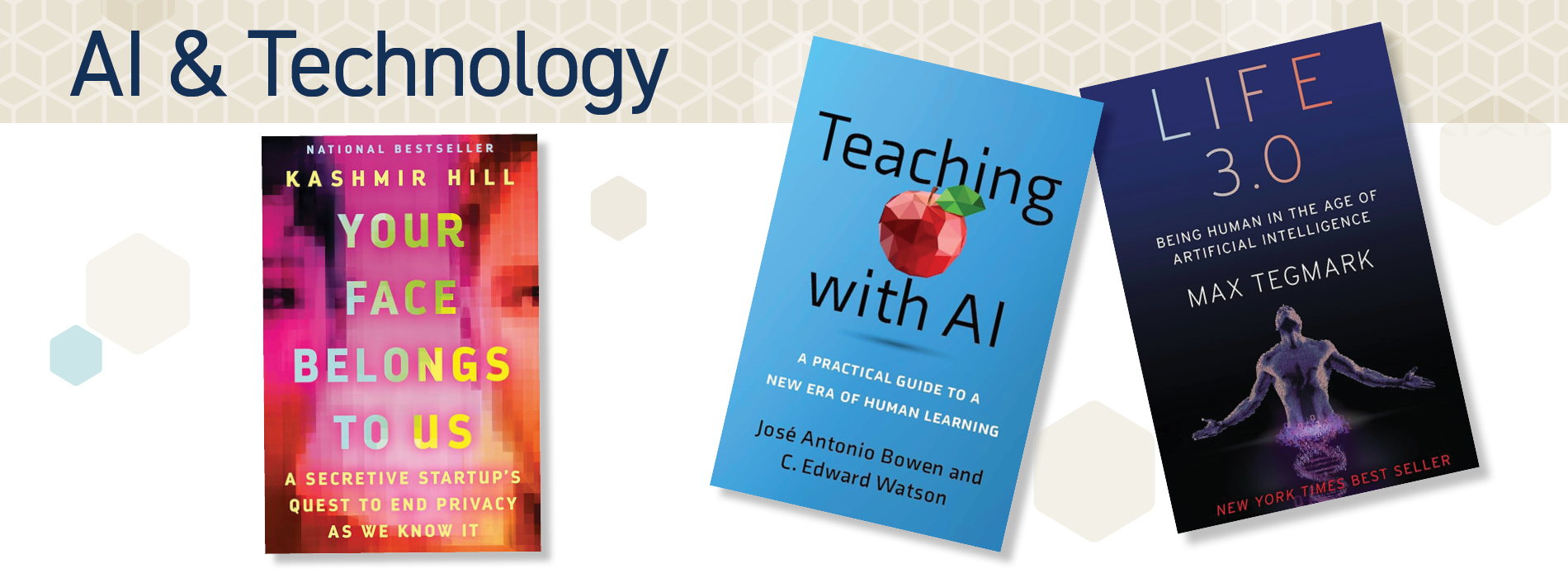 AI & Technology section header featuring Life 3.0, Your Face Belongs to Us, and Teaching with AI book covers.