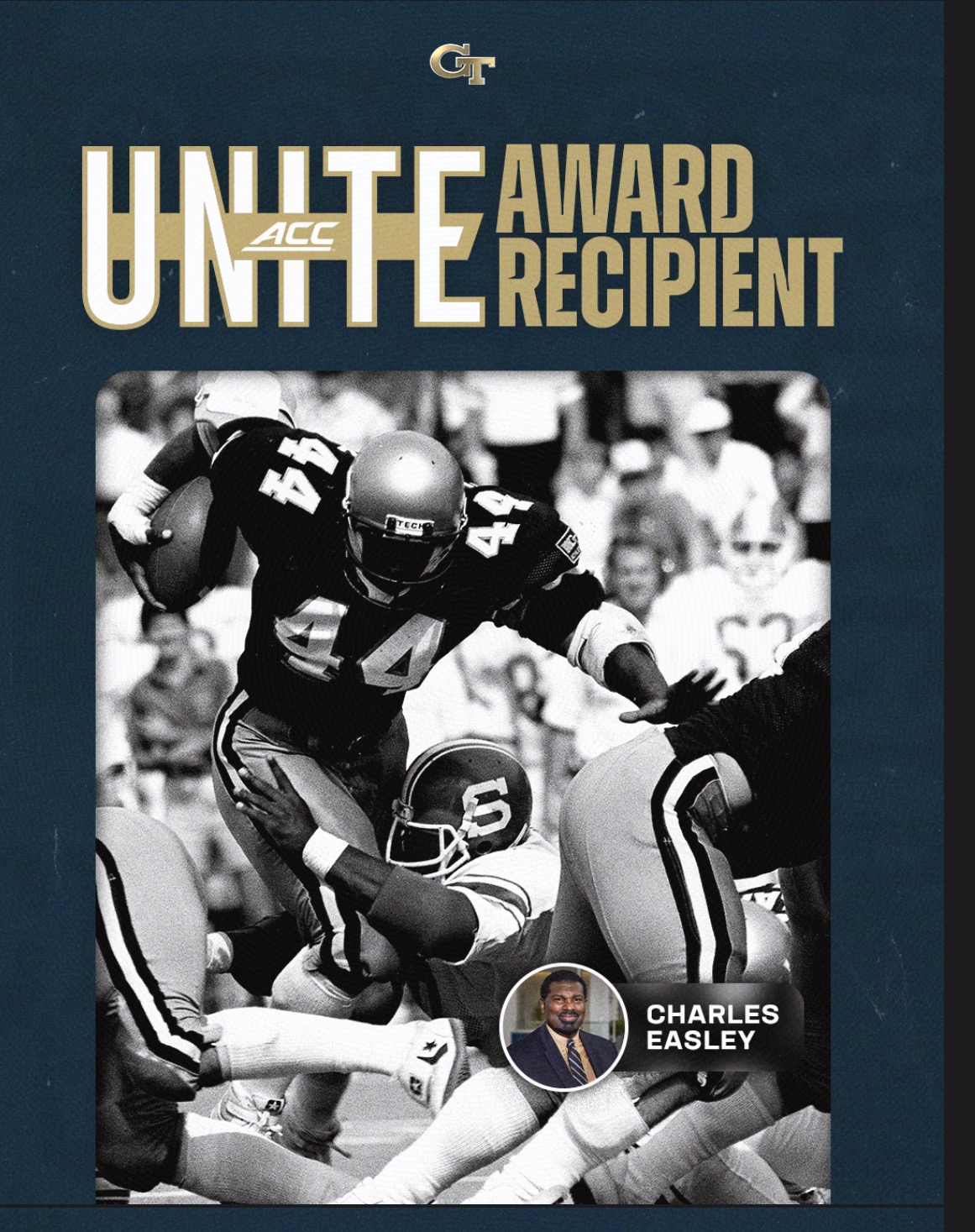 A black and white photo of Chuch Easley playing football for Georgia Tech with that reads "ACC Unite Award Recipient."