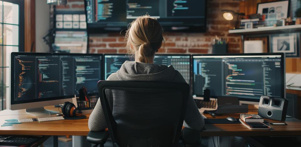 A woman in a home office is working at a desk with several computer monitors showing computer programming tasks