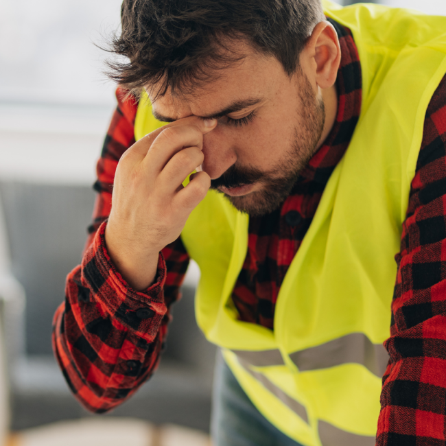 Worker on construction site in safety gear pinching the bridge of his nose and looking tired.