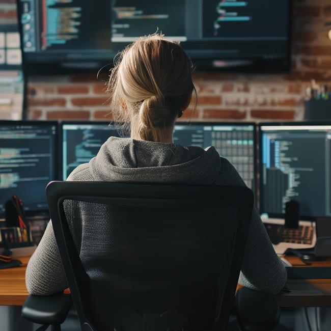 A woman in a home office is working at a desk with several computer monitors showing computer programming tasks